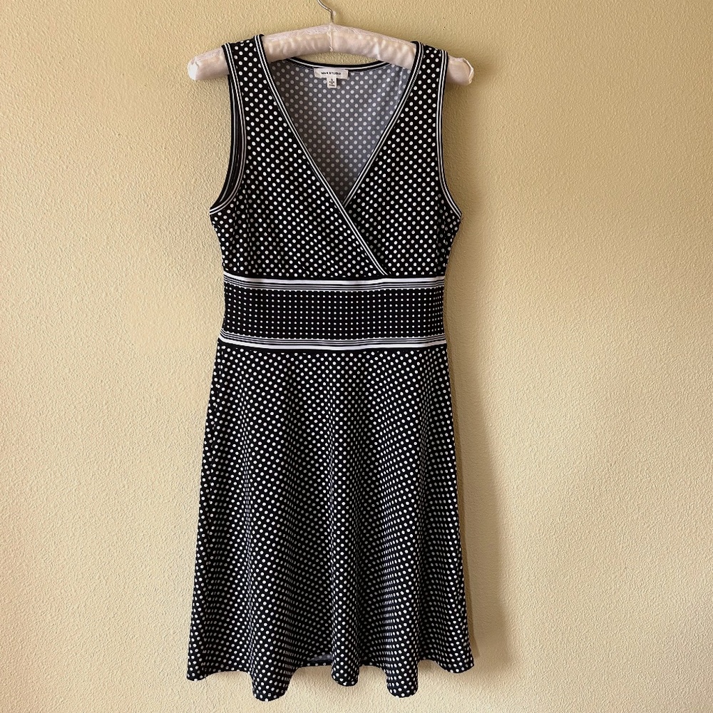 Max Studio Black/White Polka Dot Women's Dress, V Neck Size Small